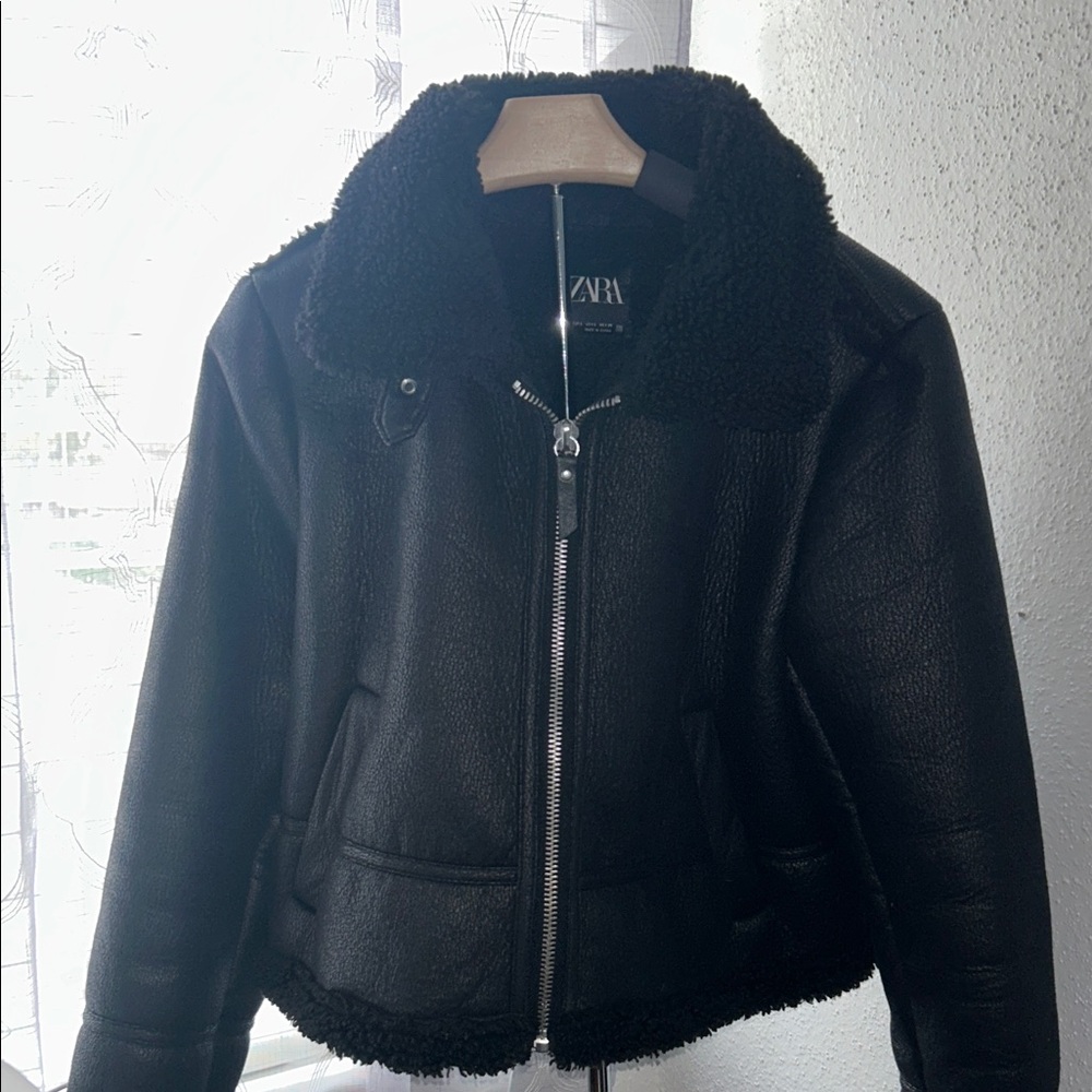 Zara Black Textured Jacket with Shearling Collar